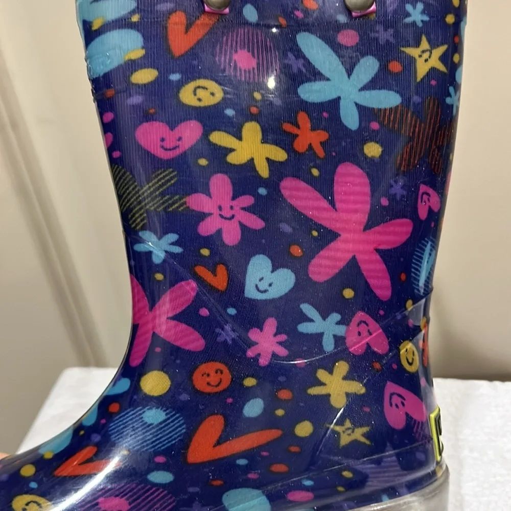 Western Chief Floral hearts stars smiley face Rain Boots light up heels size 10